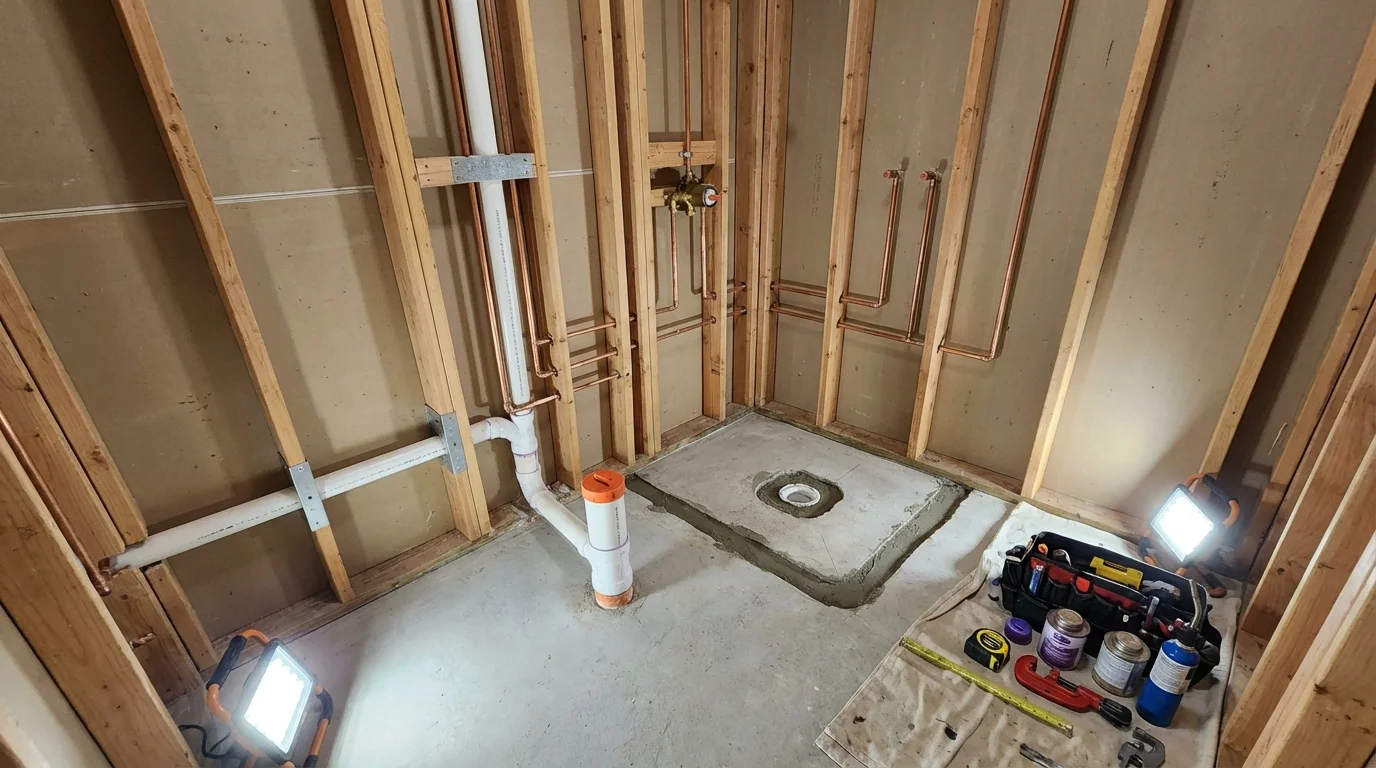 Bathroom rough-in plumbing during remodel by Johns Plumbing LLC in East Hampton