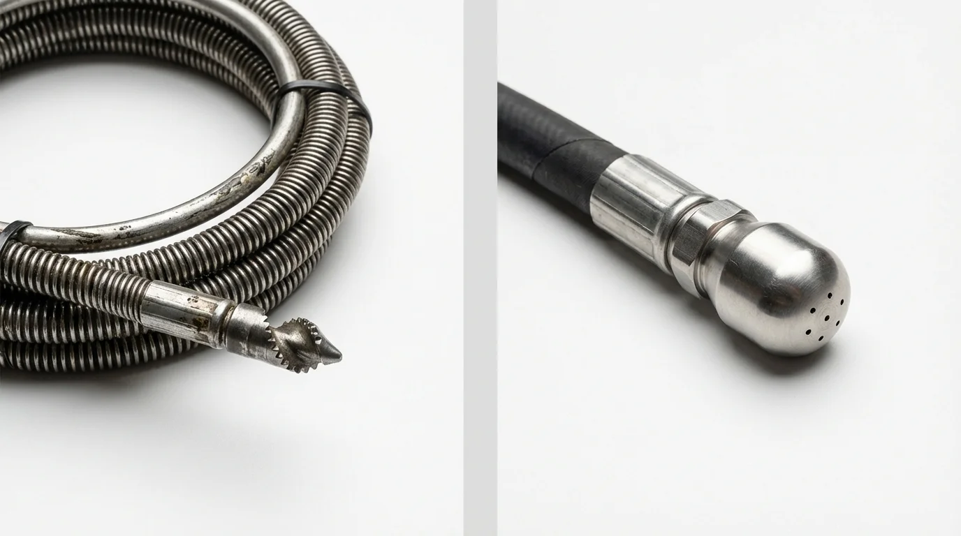 Drain snake cable and hydro jetting nozzle used for drain cleaning in East Hampton, CT