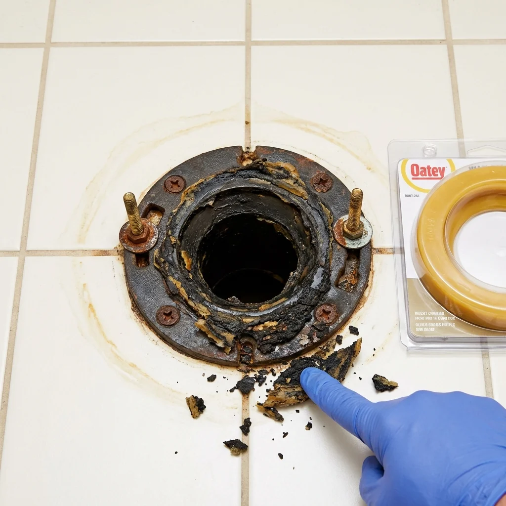 Failed wax ring showing water seepage at the base of a toilet in a East Hampton, CT home